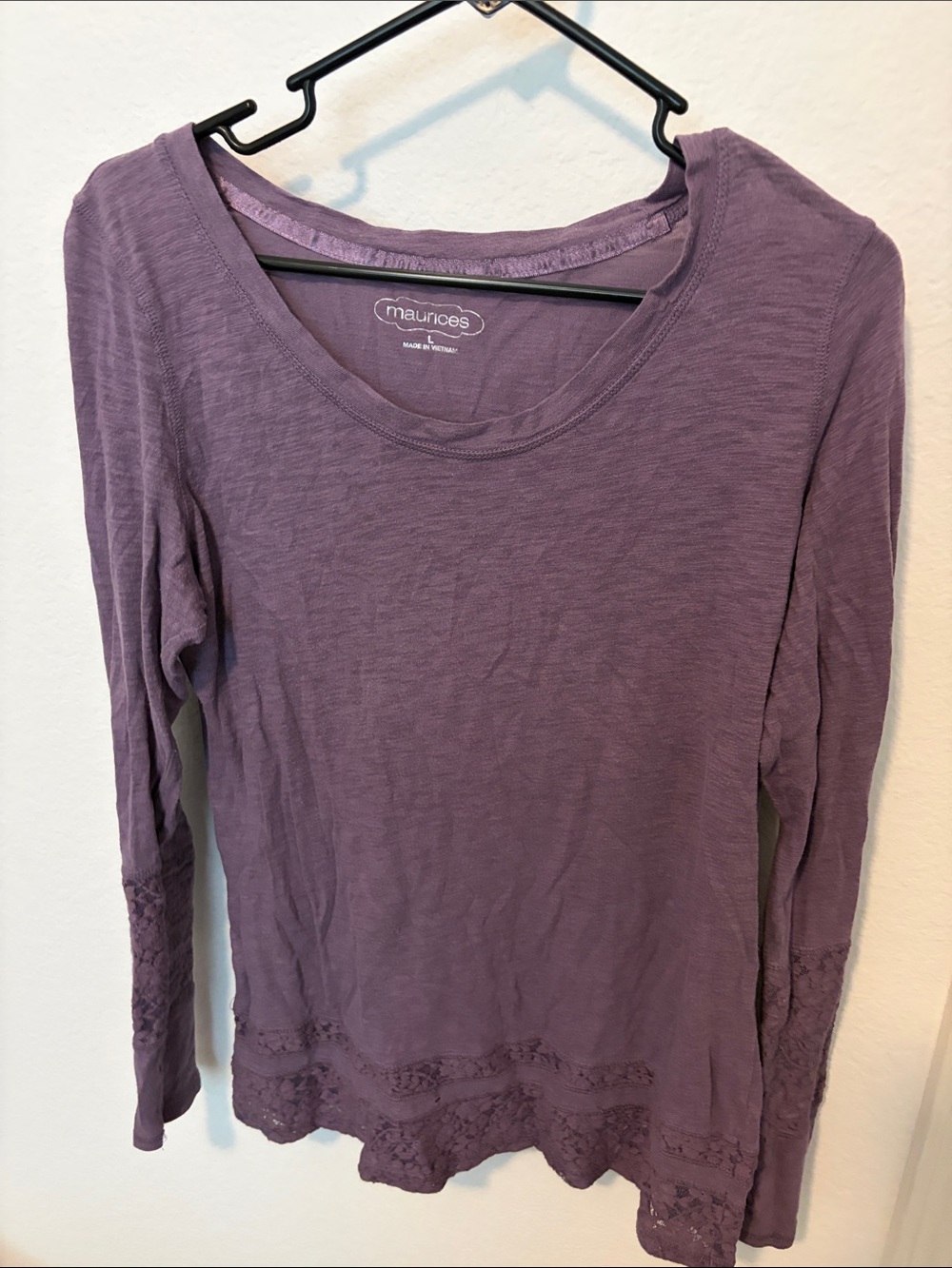 Maurices Lavender Long Sleeve Scoop Neck Top with Lace Trim